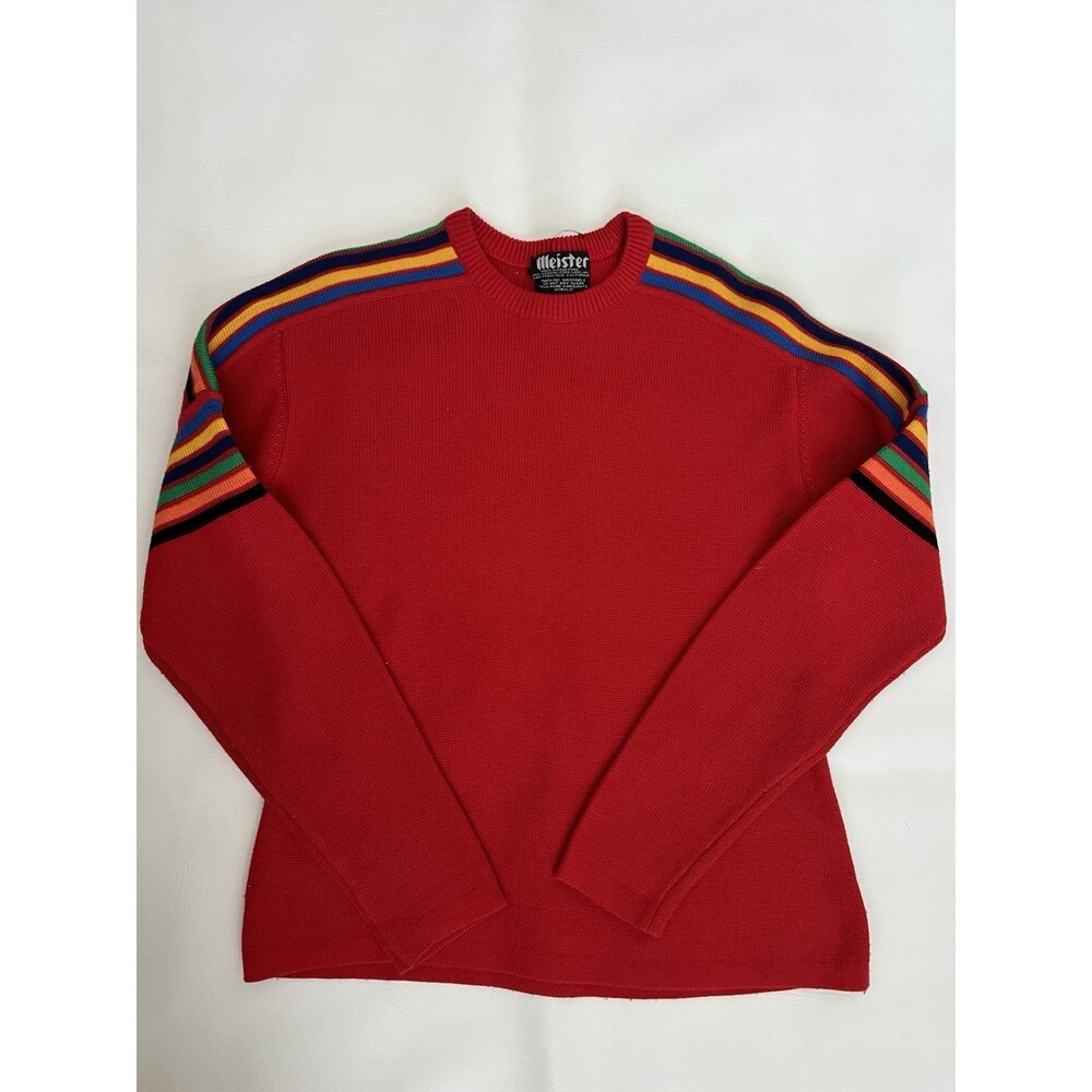 Vintage Meister Red Apres Ski Knit Sweater Rainbow Shoulder Stripe Unisex M